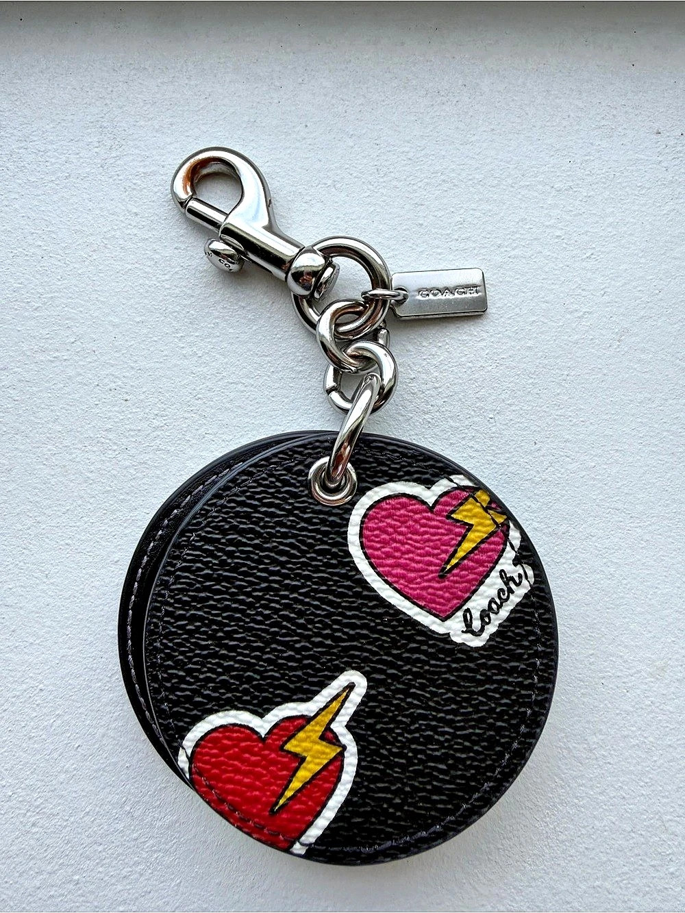 Coach Leather Keychain Mirror in Black & Pink